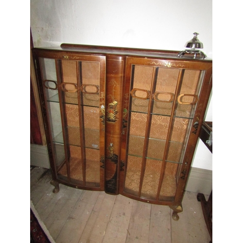 285 - Antique Chinoiserie Japanese Motif Decorated Twin Drawer Display Cabinet on Shaped Supports Approxim... 