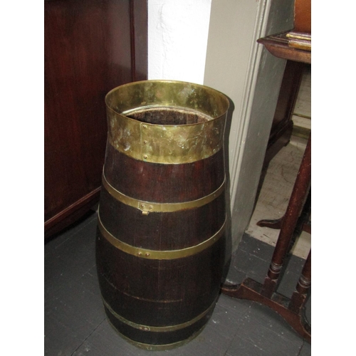 287 - Brassbound Oak Barrel Motif Stick and Umbrella Stand Approximately 27 Inches High