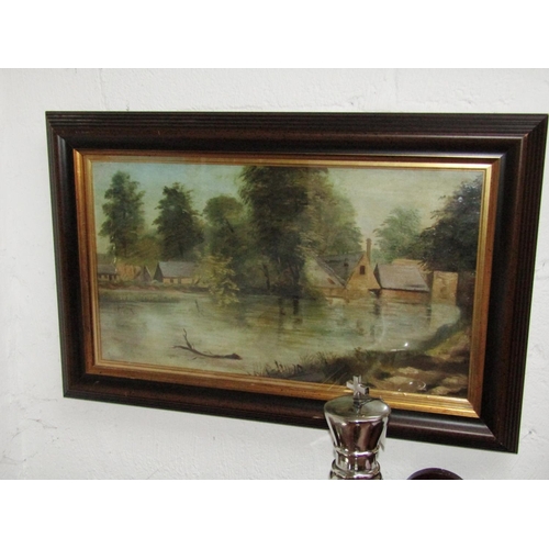 289 - Victorian School River Scene with Buildings Beyond Oil on Canvas Approximately 18 Inches High x 34 I... 