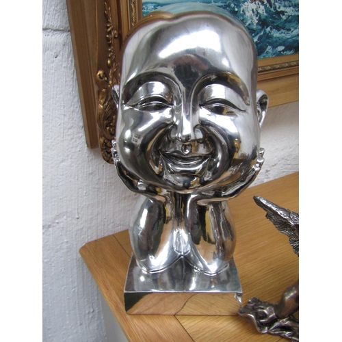 295 - Happy Buddha Figure Chrome Plated on Square Form Pedestal Base Approximately 12 Inches High