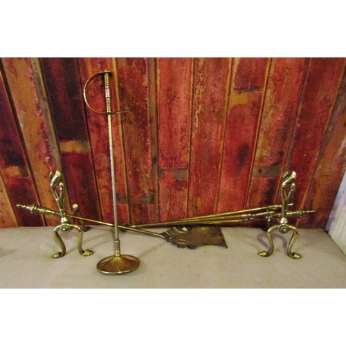 298 - Set of Three Cast Brass Fire Irons Antique with Matching Fire Dogs and Sabre Form Fire Poker with In... 