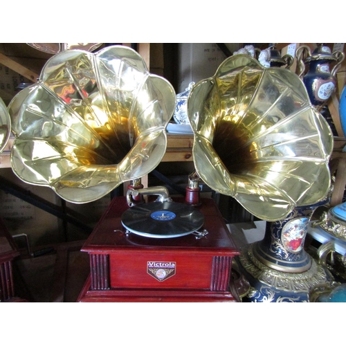 67 - Brass Double Horn Gramophone Working Order of Large Size Approximately 3ft High