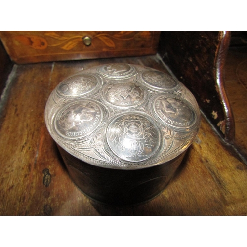 77 - Antique Solid Silver Coin Inset Box with Cover Circular Form Approximately 4 Inches Diameter