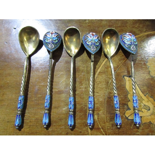 83 - Set of Six Finely Enamelled Russian Teaspoons Silver Gilt with Further Chased Decoration