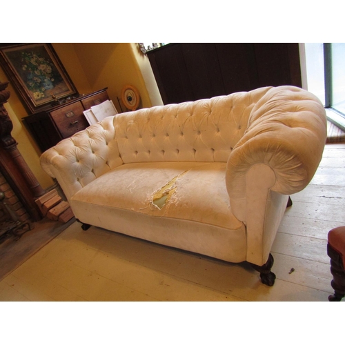 92 - Matching Edwardian Deep Button Upholstered Chesterfield Settee Approximately 6ft Wide