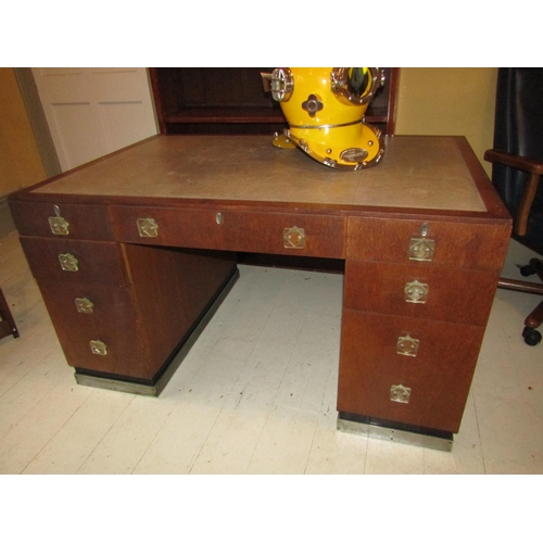 97 - Antique Art Deco Twin Pedestal Desk with Sharpen Inset Writing Surface above Nine Glass Handled Draw... 