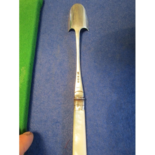 35 - Antique Solid Silver Stilton Cheese Scoop with Mother of Pearl Handle and Hallmarks to Verso