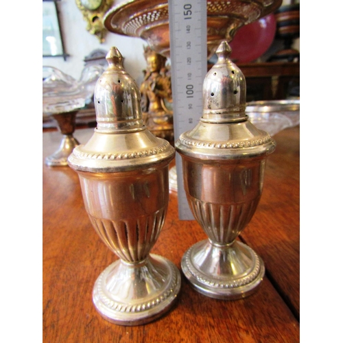 40 - Pair of Antique Pedestal Form Solid Silver Salt and Peppers with Beaded Decoration