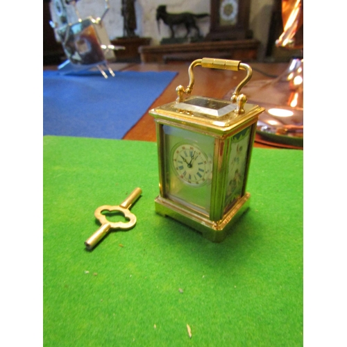 507 - Brassbound Carriage Clock with Inset Sevre Panels Roman Numeral Decorated Dial Original Key