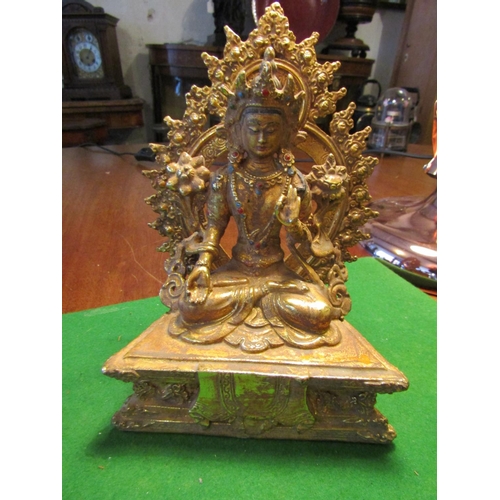 512 - Eastern Gilded Bronze Figure of Seated God Possibly Tibetan Unusual Triangular Form Base Approximate... 