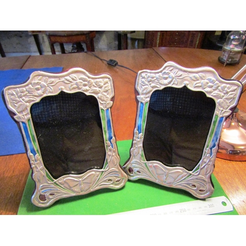 514 - Pair of Solid Silver Enamel Decorated Shaped Form Photograph Frames Each Approximately 8 Inches High... 