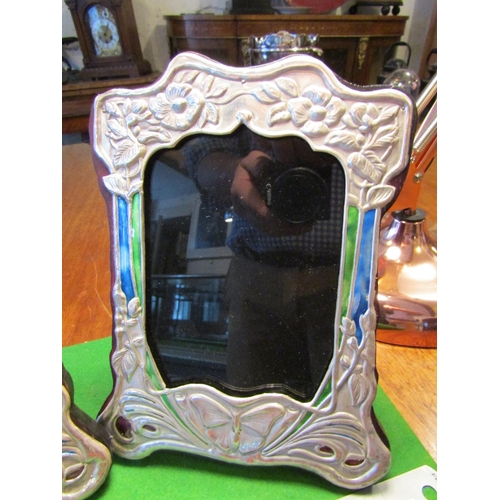 514 - Pair of Solid Silver Enamel Decorated Shaped Form Photograph Frames Each Approximately 8 Inches High... 