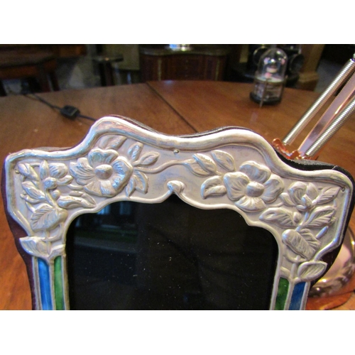 514 - Pair of Solid Silver Enamel Decorated Shaped Form Photograph Frames Each Approximately 8 Inches High... 