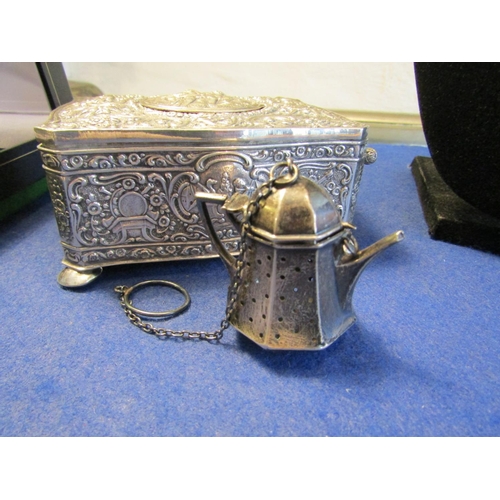 65 - Solid Silver Teapot Form Tea Strainer with Original Hinge Cover and Chain