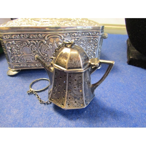 65 - Solid Silver Teapot Form Tea Strainer with Original Hinge Cover and Chain