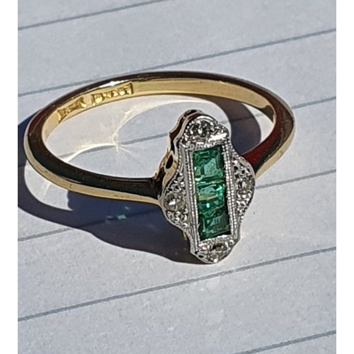 532 - Platinum Mounted and 18 Carat Gold Set Princess Cut Ladies Emerald and Diamond Ring Three Emeralds S... 