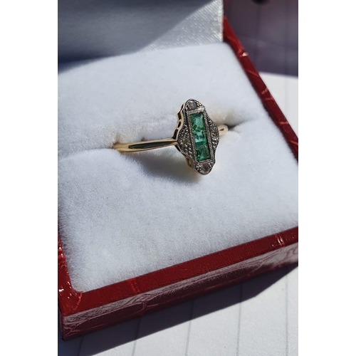 532 - Platinum Mounted and 18 Carat Gold Set Princess Cut Ladies Emerald and Diamond Ring Three Emeralds S... 