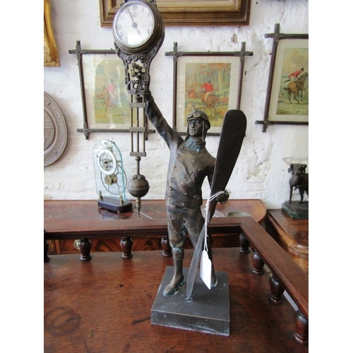 3141 - Charles Lindbergh 1902 to 1974 Aviator Bronzed Pedestal Form Table Clock Working Order Approximately... 