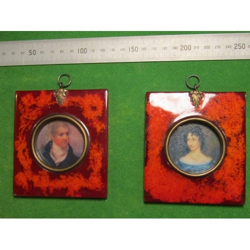 3761 - Pair of Portrait Miniatures Circular Form Husband and Wife Contained within Decorative Frames Each A... 