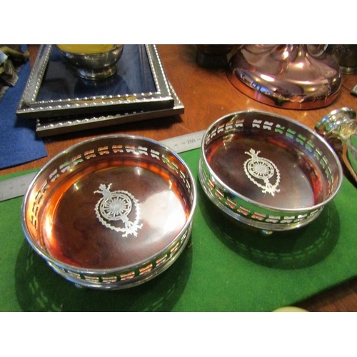 4401 - Pair of Silver Plated Tortoise Shell Circular Form Wine Bottle Table Coasters with Filigree Decorate... 