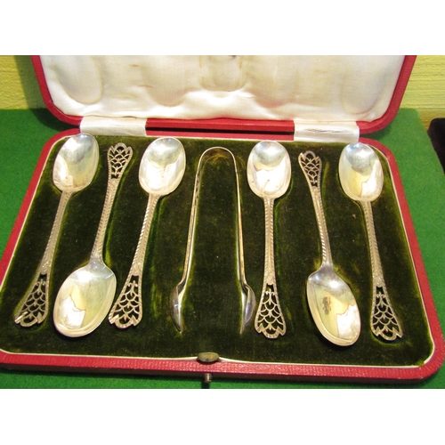 72 - Cased Set of Spoons with Filigree Decorated Handles and Matching Sugar Tongs Contained within Origin... 