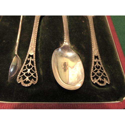 72 - Cased Set of Spoons with Filigree Decorated Handles and Matching Sugar Tongs Contained within Origin... 