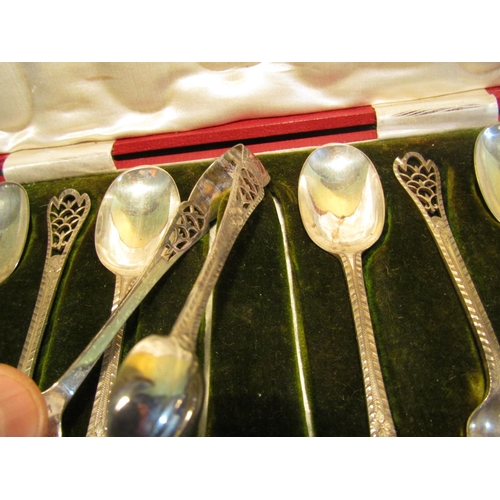 72 - Cased Set of Spoons with Filigree Decorated Handles and Matching Sugar Tongs Contained within Origin... 