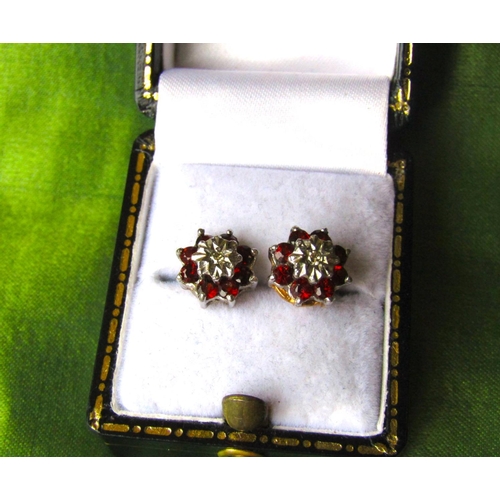 79 - Pair of 9 Carat Gold Garnet and Diamond Cluster Earrings Each Set with Central Single Cut Diamond wi... 