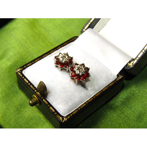 79 - Pair of 9 Carat Gold Garnet and Diamond Cluster Earrings Each Set with Central Single Cut Diamond wi... 