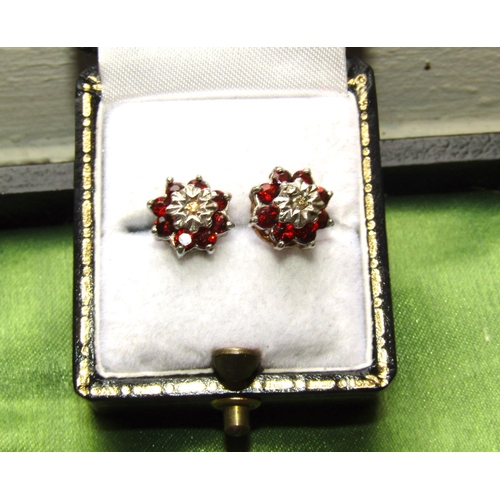 79 - Pair of 9 Carat Gold Garnet and Diamond Cluster Earrings Each Set with Central Single Cut Diamond wi... 