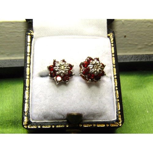 79 - Pair of 9 Carat Gold Garnet and Diamond Cluster Earrings Each Set with Central Single Cut Diamond wi... 