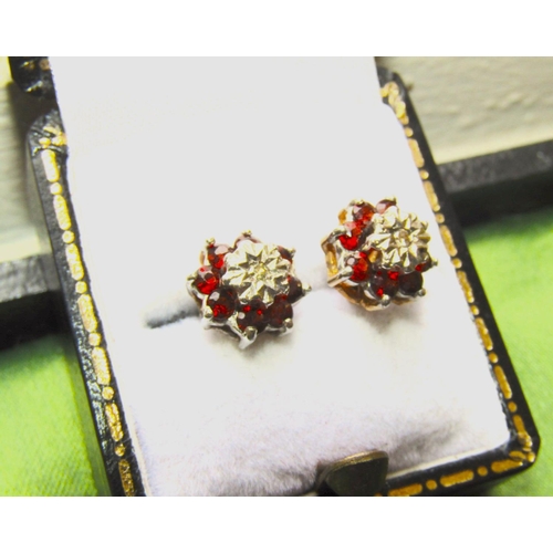 79 - Pair of 9 Carat Gold Garnet and Diamond Cluster Earrings Each Set with Central Single Cut Diamond wi... 