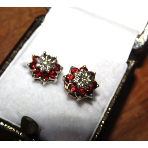 79 - Pair of 9 Carat Gold Garnet and Diamond Cluster Earrings Each Set with Central Single Cut Diamond wi... 