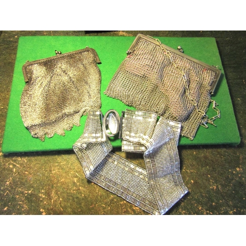 84 - Two Ladies Vintage Chainmail Evening Purses with Silver Clasps and a Wide Metal Beadwork Belt Three ... 