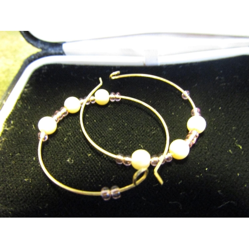 91 - Pair of 9 Carat Gold Ladies Hoop Earrings Set with Seed Pearls