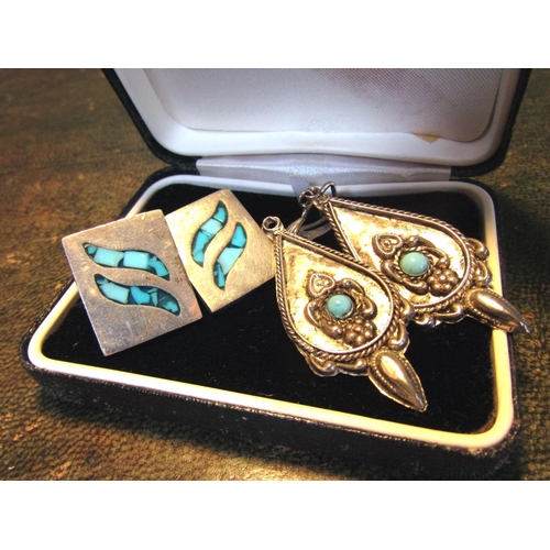 92 - Two Pairs of Solid Silver Earrings Including Turquoise Set Example