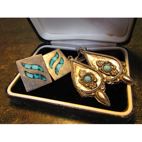 92 - Two Pairs of Solid Silver Earrings Including Turquoise Set Example