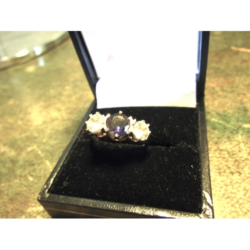 94 - 9 Carat Gold Three Stone Ladies Ring with Central Sapphire Mounted on 9 Carat Gold Band Ring Size L