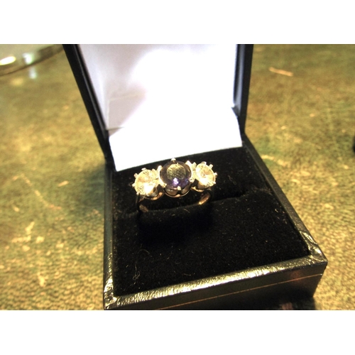 94 - 9 Carat Gold Three Stone Ladies Ring with Central Sapphire Mounted on 9 Carat Gold Band Ring Size L