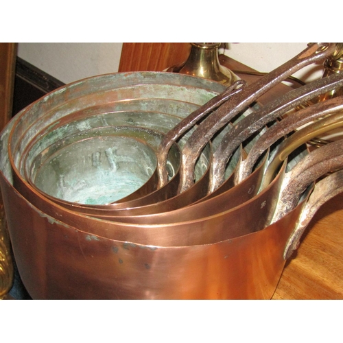 1021 - Set of Seven Graduated Very Large Chefs Copper Saucepans Largest Approximately 12 Inches Diameter x ... 