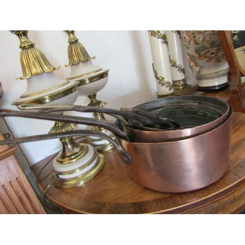 1021 - Set of Seven Graduated Very Large Chefs Copper Saucepans Largest Approximately 12 Inches Diameter x ... 