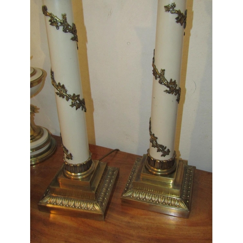 1022 - Pair of Antique Corinthian Column Table Lamps Electrified Working Order Finely Detailed with Shades ... 