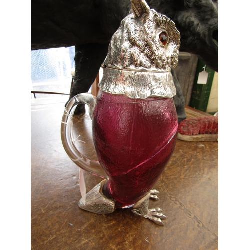 1034 - Silver Mounted Owl Motif Decanter with Cranberry Glass Well. Damaged Approximately 9 Inches High