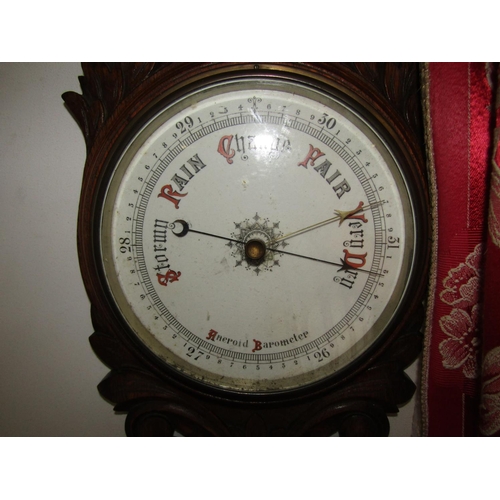 1057 - Antique Carved Banjo Form Wall Aneroid Barometer with Enamel Decorated Dial Approximately 34 Inches ... 