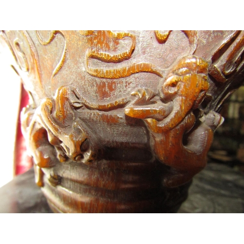 1067 - Carved Libation Cup Decorated with Dragons Approximately 6 Inches High Signed to Base