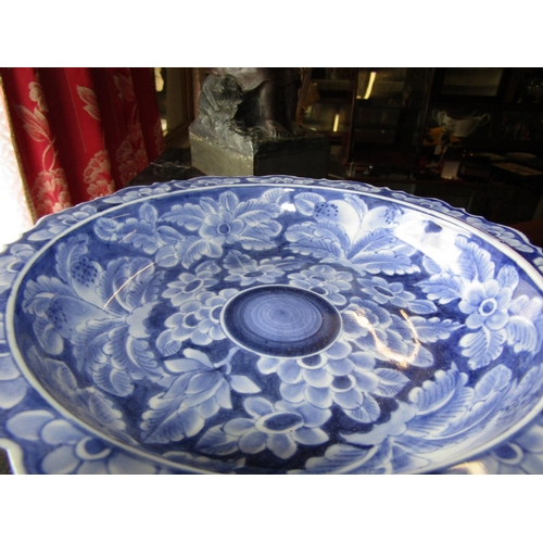 1068 - Blue and White Oriental Porcelain Taza on Pedestal Base Approximately 10 Inches Diameter