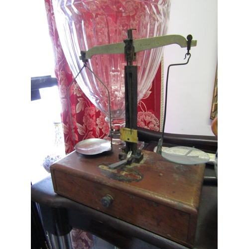 1076 - Victorian Chemist Shop Weighing Scales with Mahogany Base and Contents contained within Approximatel... 