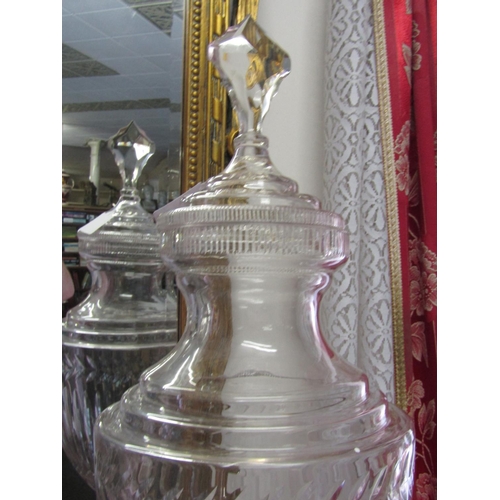 1077 - Large Pair of Cut Crystal Apothecary Shop Jars of Urn Form on Stepped Pedestal Bases