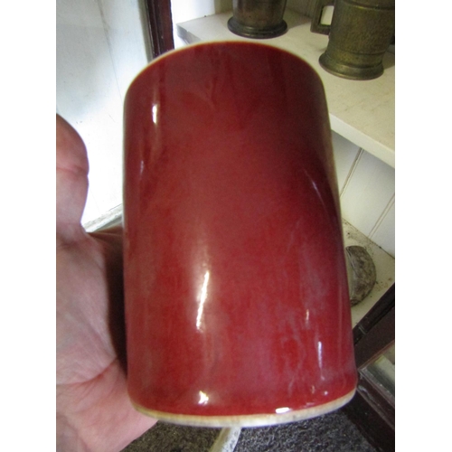 1093 - Unusual Red Ground Oriental Brush Pot Signed with Characters to Base Approximately 6 Inches High