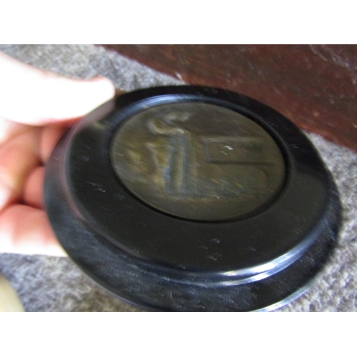 1095 - Bronze Death Plaque Approximately 4 Inches Diameter contained within Ebonised Stepped Circular Frame... 